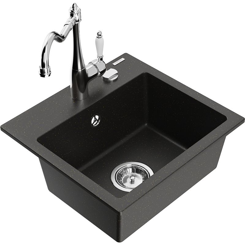 Zlewozmywak granitowy 1-komorowy Mexen Milo z baterią kuchenną Carla czarny/złoty metalik 6505-75-670700-00