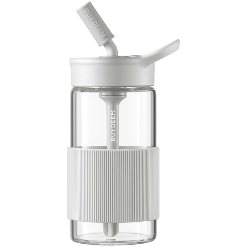 Szklana butelka ze słomką BUYDEEM CD1017 500 ml szkło borokrzemowe Szczelna Pokrywka Antypoślizgowa Osłonka pastelowa szara 1 szt.