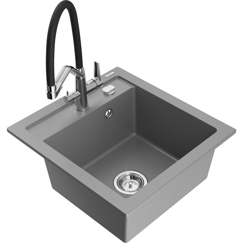 Zlewozmywak granitowy 1-komorowy Mexen Vito z baterią kuchenną Duo szary 6503-71-671701-07