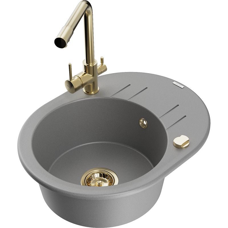 Zlewozmywak granitowy 1-komorowy Mexen Kevin z ociekaczem i baterią kuchenną Duero szary 6517-71-671600-50