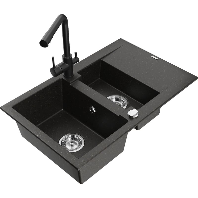 Zlewozmywak granitowy 1.5-komorowy Mexen Gaspar z ociekaczem i baterią kuchenną Duero czarny/złoty 6507-75-671600-70