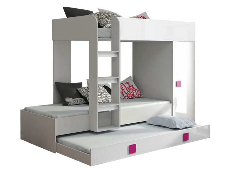 Łóżko piętrowe MIRJAN 24 Toledo 2 biały połysk + uchwyty różowe 1 kpl.