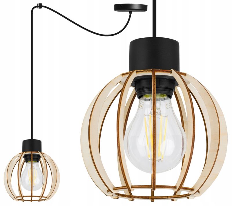 Lampa sufitowe wisząca Light Home LH Timber Spider 1x E27 60W klosz drewno kula 16cm czarny 1szt.