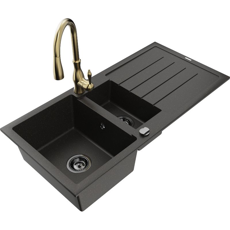 Zlewozmywak granitowy 1.5-komorowy Mexen Andres z ociekaczem i baterią kuchenną Savita czarny/złoty 6515-75-672601-50-B