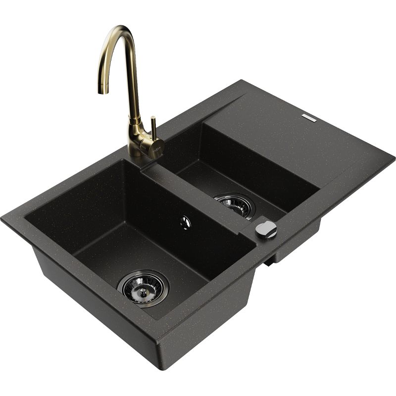 Zlewozmywak granitowy 1.5-komorowy Mexen Gaspar z ociekaczem i baterią kuchenną Telma czarny/złoty 6507-75-670200-50-B