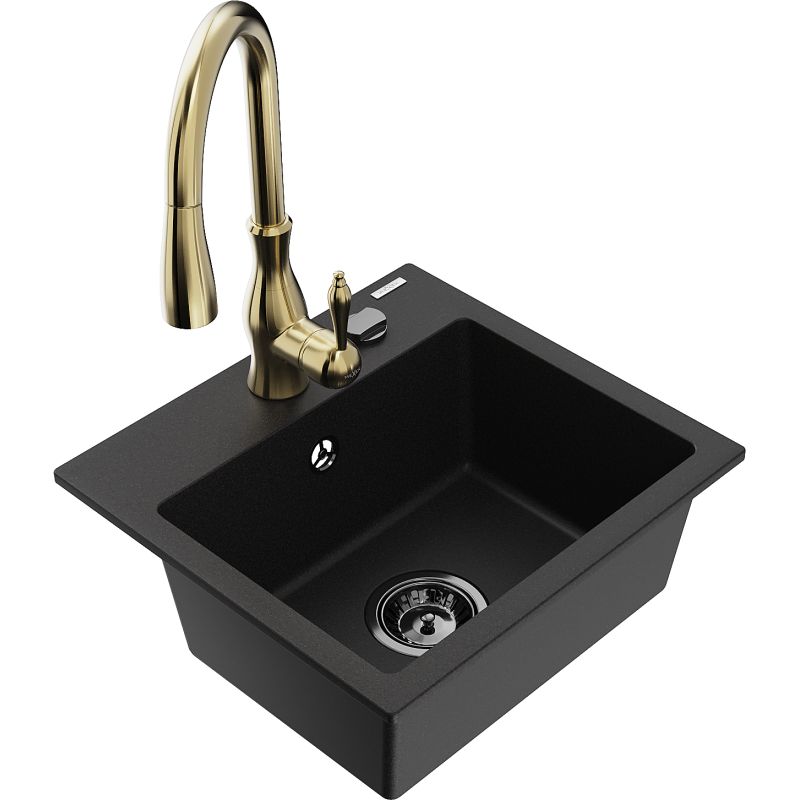 Zlewozmywak granitowy 1-komorowy Mexen Milo z baterią kuchenną Savita czarny - 6505-77-672601-50 1 szt.