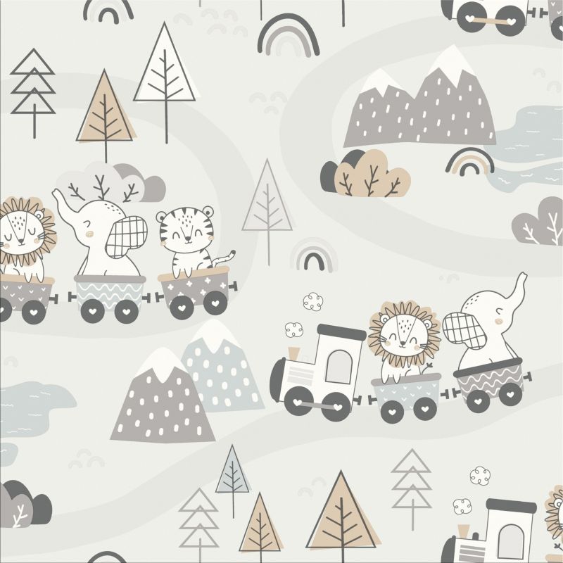 Tapeta na flizelinie dziecięcia pociągi biało-szary
