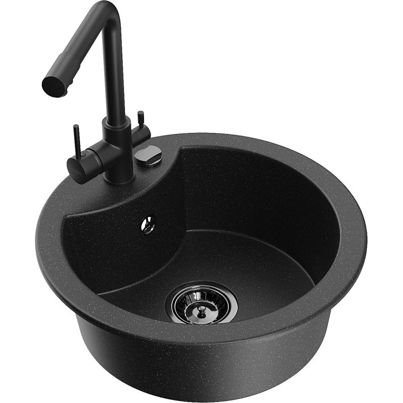 Zlewozmywak granitowy 1-komorowy Mexen Diego z baterią kuchenną Duero czarny/srebrny metalik 6512-73-671600-70-B