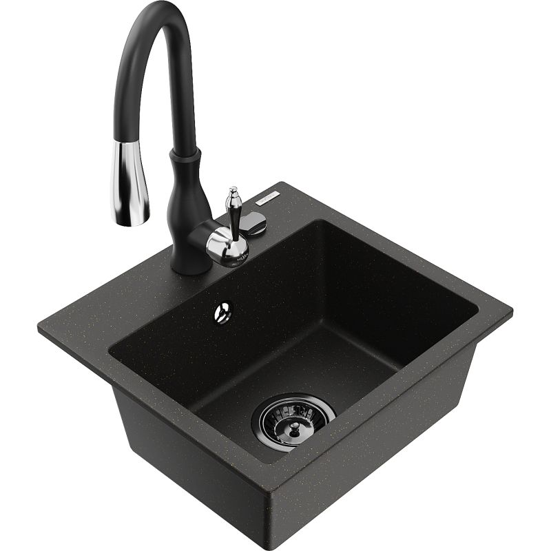 Zlewozmywak granitowy 1-komorowy Mexen Milo z baterią kuchenną Savita czarny/złoty metalik 6505-75-672601-70-B