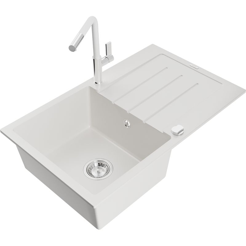 Zlewozmywak granitowy 1-komorowy Mexen Bruno z ociekaczem i baterią kuchenną Flora biały 6513-20-670401-02