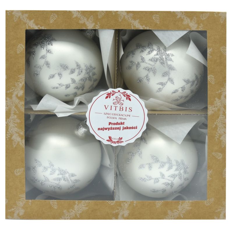 Bombki szklane Vitbis dekorowane 100 mm białe 4 szt.