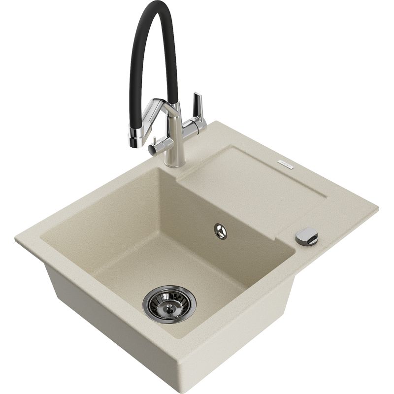Zlewozmywak granitowy 1-komorowy Mexen Enzo z ociekaczem i baterią kuchenną Duo beżowy - 6506-69-671701-70-B 1 szt.