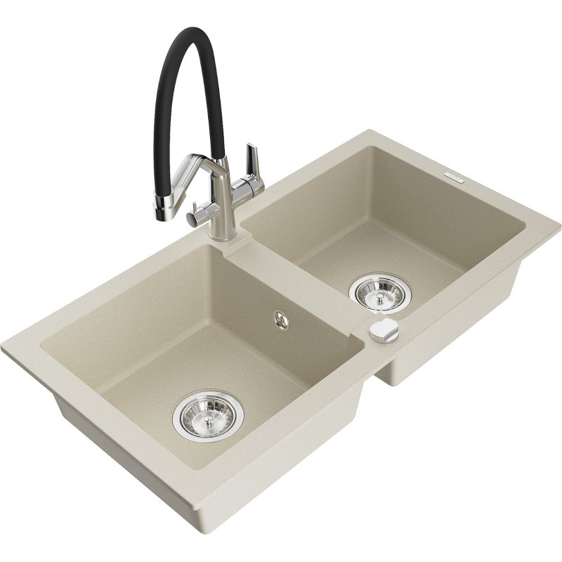 Zlewozmywak granitowy 2-komorowy Mexen Mario z baterią kuchenną Duo beżowy 6504-69-671701-07