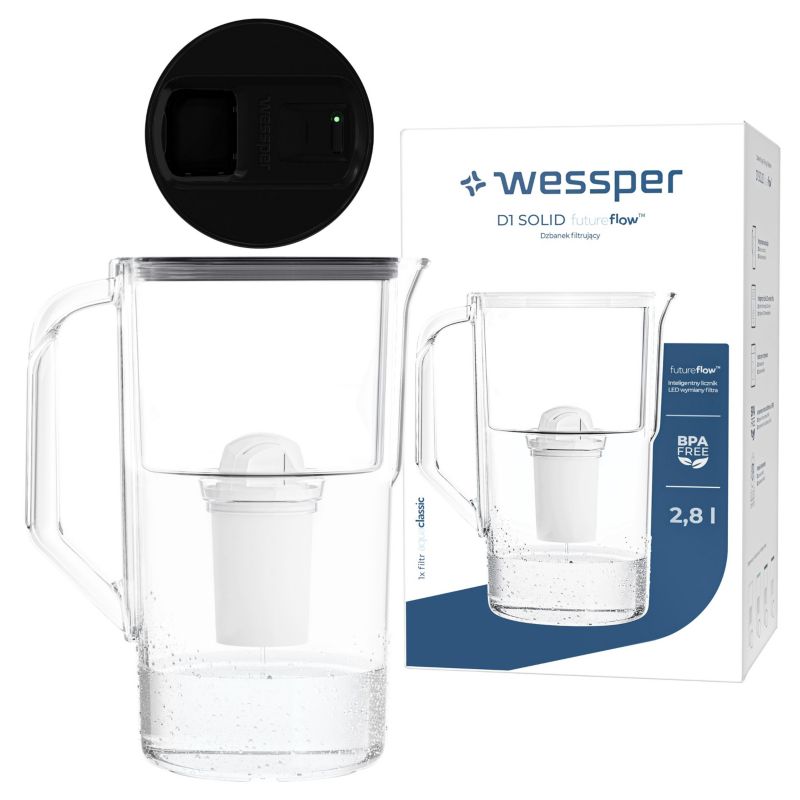 Dzbanek filtrujący wodę, Wessper, z licznikiem LED, 2.8L, czarny + Filtr wody, 1szt