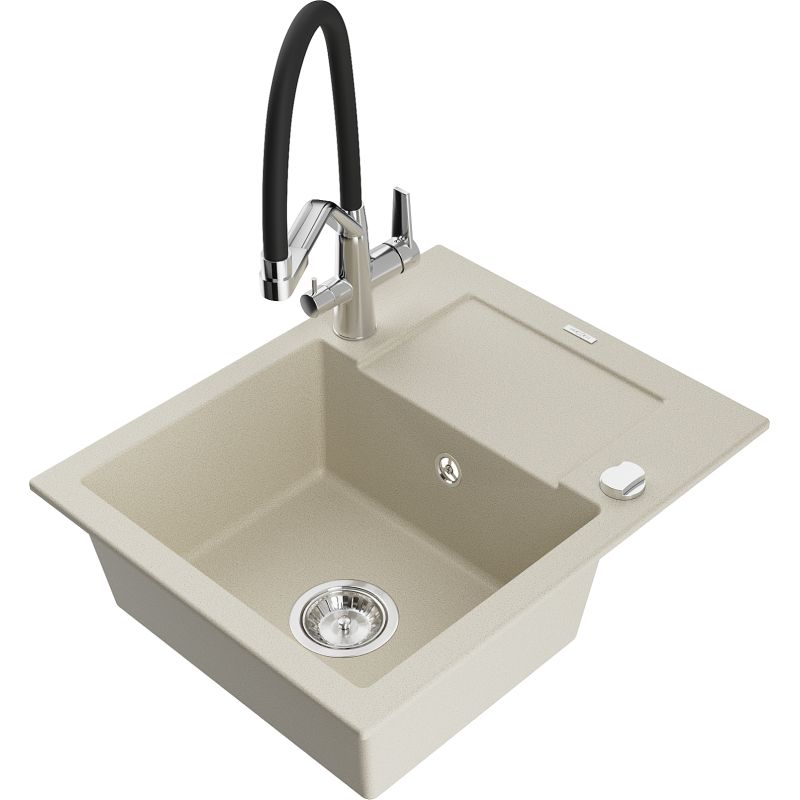 Zlewozmywak granitowy 1-komorowy Mexen Enzo z ociekaczem i baterią kuchenną Duo biały - 6506-20-671701-70-B 1 szt.