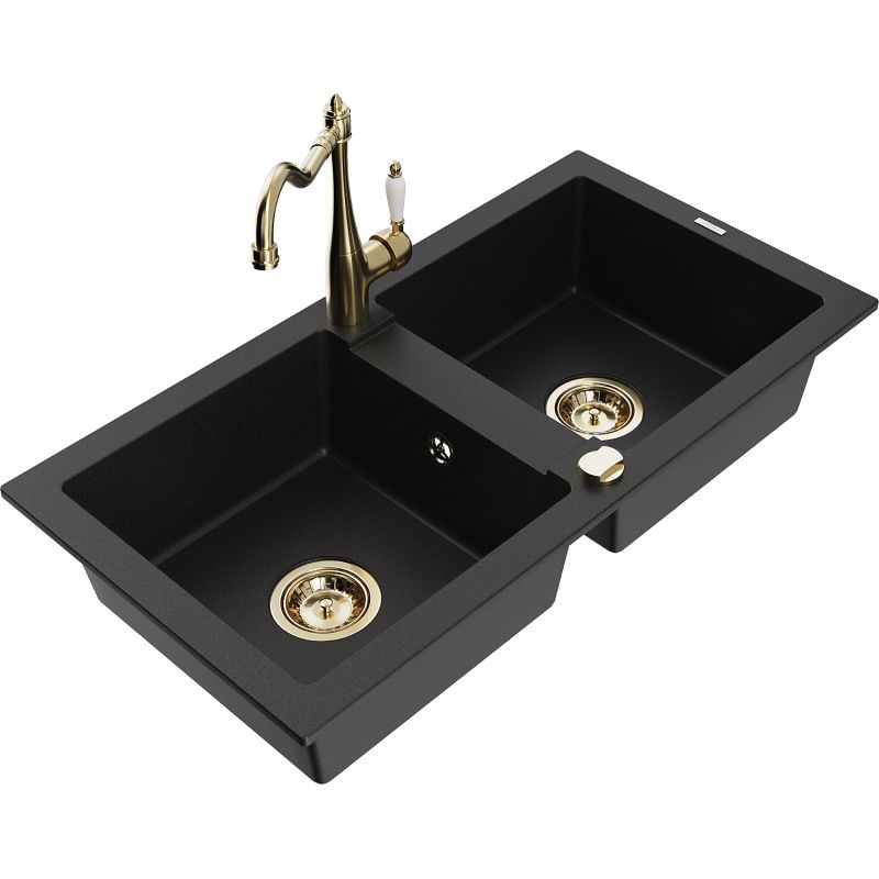 Zlewozmywak granitowy 2-komorowy Mexen Mario z baterią kuchenną Carla czarny nakrapiany - 6504-76-670700-76 1 szt.