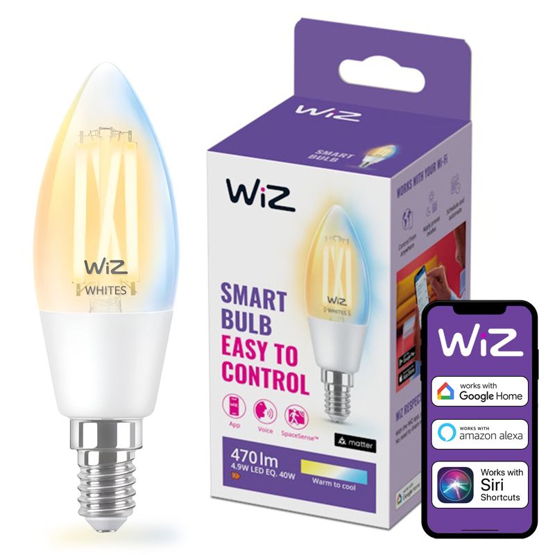 Żarówka LED WiZ E14 Świeczka C35 4.9W 470lm 2700-6500K TW Filament Inteligentna Smart WiFi Bluetooth Aplikacja 1 szt.