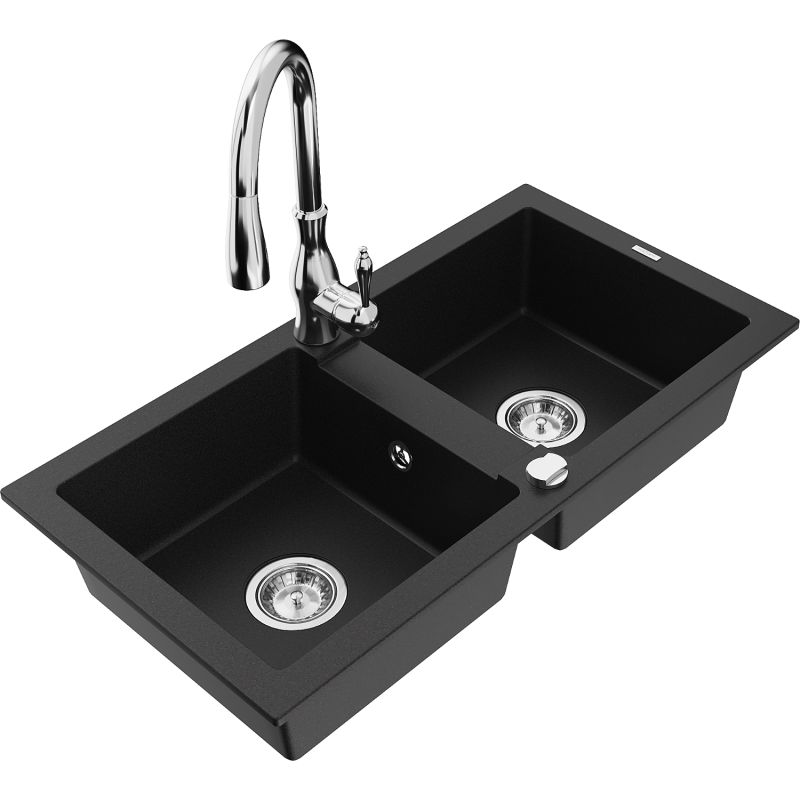 Zlewozmywak granitowy 2-komorowy Mexen Mario z baterią kuchenną Savita czarny - 6504-77-672601-50-B 1 szt.