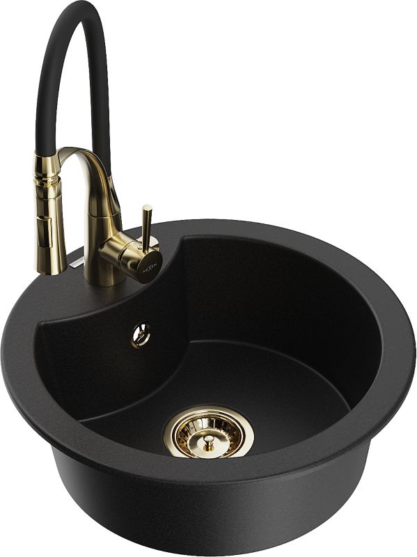 Zlewozmywak granitowy Mexen Diego 1-komorowy z baterią kuchenną Aster czarny 6512-77-73450-57-G