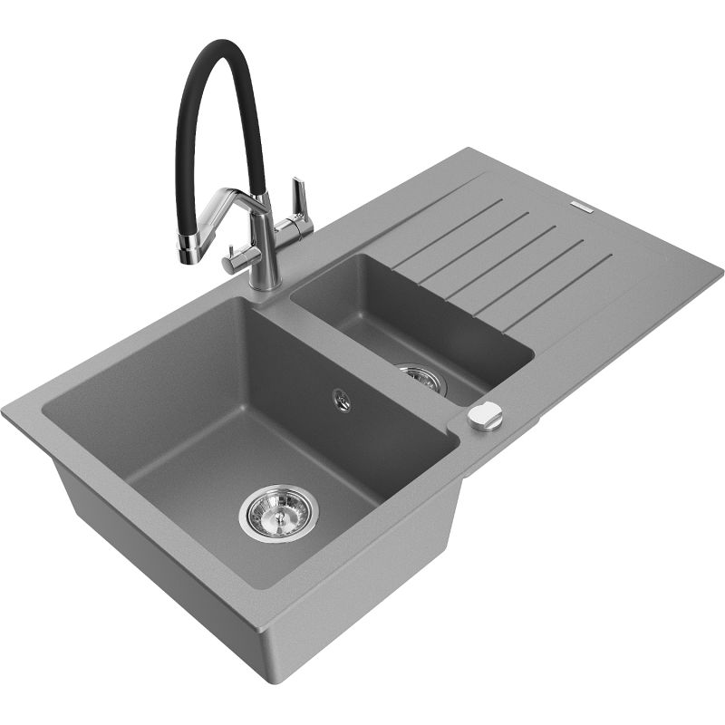 Zlewozmywak granitowy 1.5-komorowy Mexen Matias z ociekaczem i baterią kuchenną Duo szary 6502-71-671701-07
