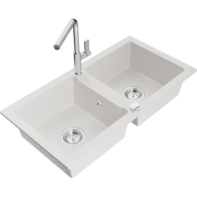 Zlewozmywak granitowy 2-komorowy Mexen Mario z baterią kuchenną Flora biały 6504-20-670401-00