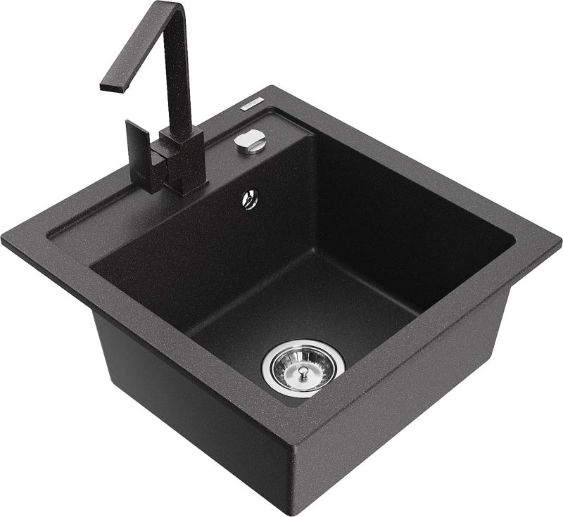Zlewozmywak granitowy Mexen Vito 1-komorowy z baterią kuchenną Savita czarny - 6503-76-672601-50 1 szt.