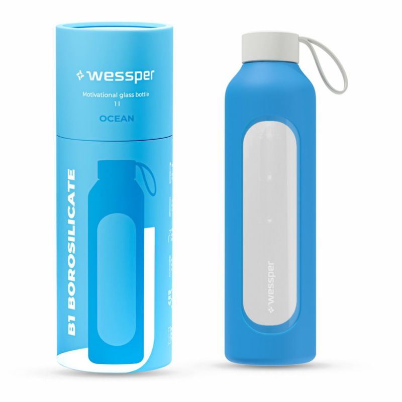 Butelka na wodę, Wessper B1, motywacyjna, z miarką, z etui silikonowym, szkło borokrzemowe, bidon, 1000ml, błękitna, 1szt