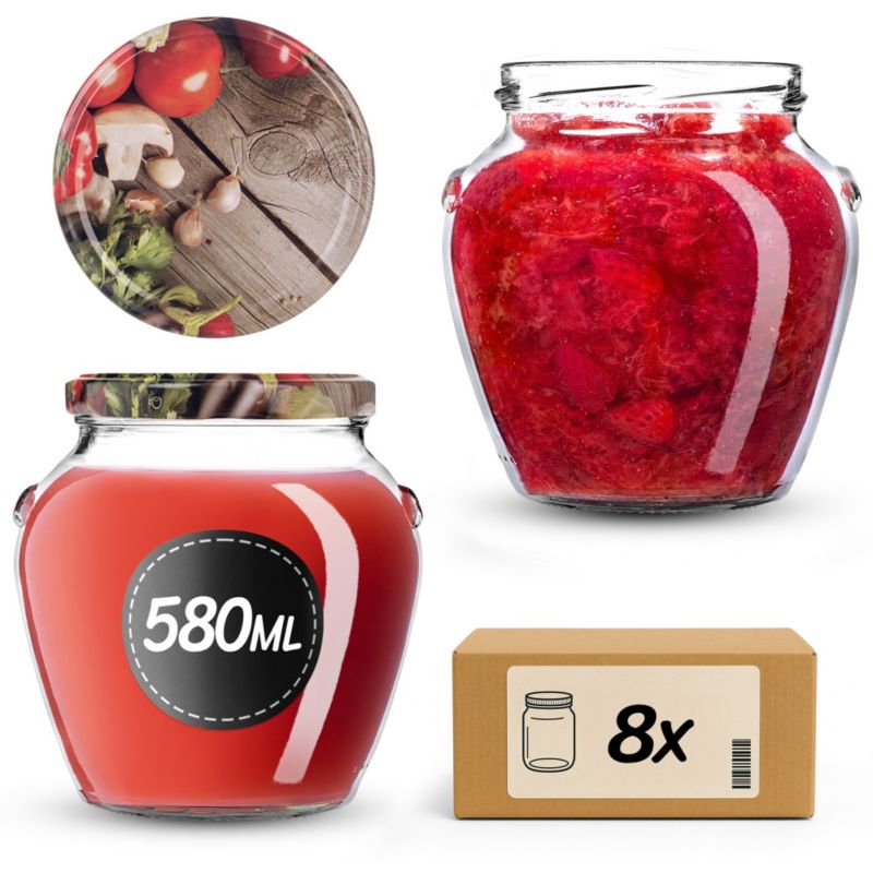 Słoiki na przetwory KADAX 580ml + wieczka "Pieczarka i czosnek" 82mm 8szt.