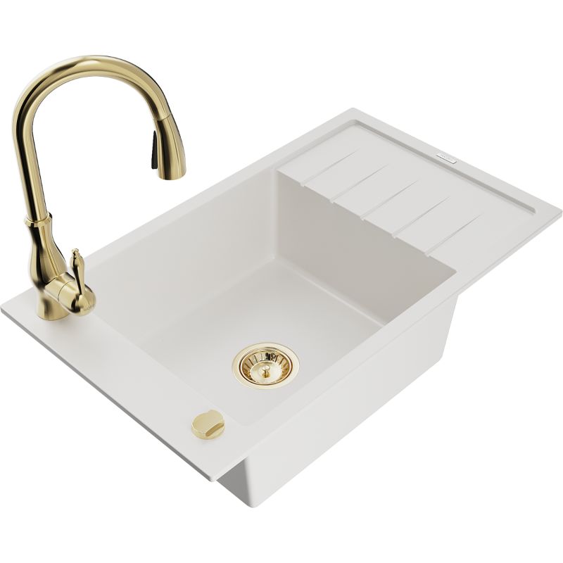 Zlewozmywak granitowy 1-komorowy Mexen Elias z ociekaczem i baterią kuchenną Savita biały 6511-20-672601-50