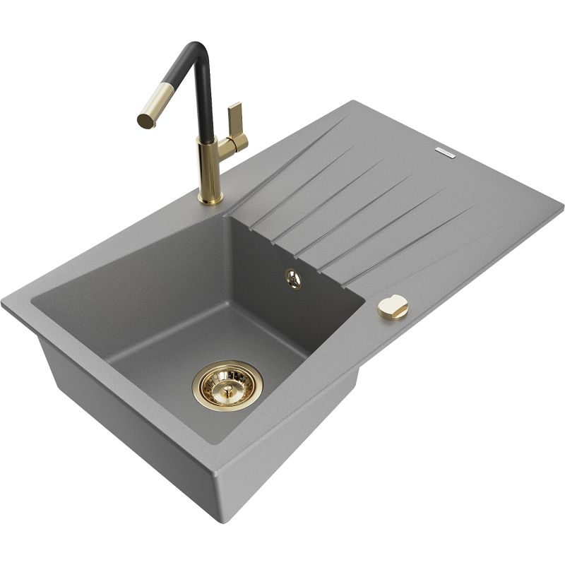 Zlewozmywak granitowy 1-komorowy Mexen Cesar z ociekaczem i baterią kuchenną Flora szary - 6514-71-670401-57-B 1 szt.