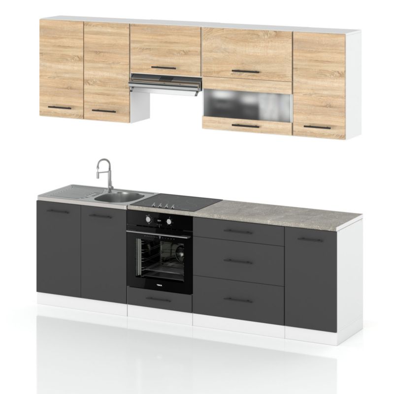 Zestaw Kuchenny Hurtownia-Mebli Z Blatem Kuchnia Marocco 260cm Biały Mat Dąb Sonoma/Szary Mat 260x52x157 cm 1szt.