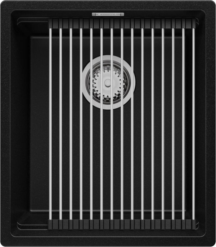 Zlewozmywak Praga Slim PRIMAGRAN Nablatowy 41x47cm do szafki od 45cm, Czarny + Syfon + Zwijany ociekacz, S123, 1 szt.