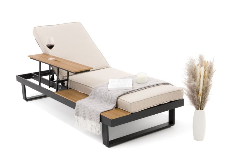 Leżak ogrodowy tarasowy New Home ATOL beżowo grafitowy aluminiowy regulowany z podnoszonym stolikiem z deski kompozytowej 1 szt.