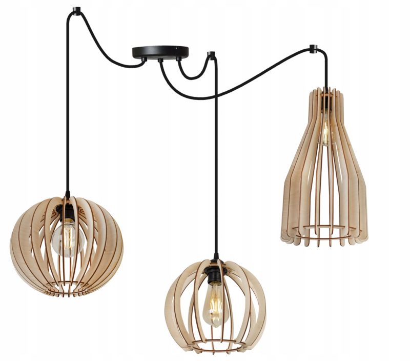 Lampa sufitowa wisząca Light Home LH Spider Timber Drewno 3x E27 60W klosz mix 2 czarny/naturalny 1szt.