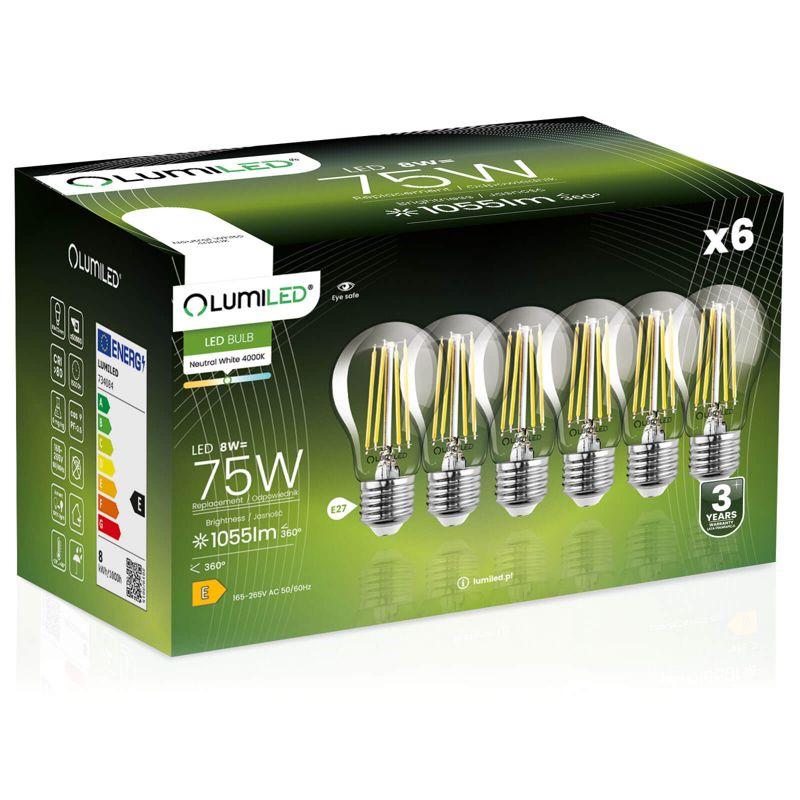 Żarówka Dekoracyjna LED LUMILED E27 A60 8W 1055lm 4000K 360st FILAMENT 6 szt.