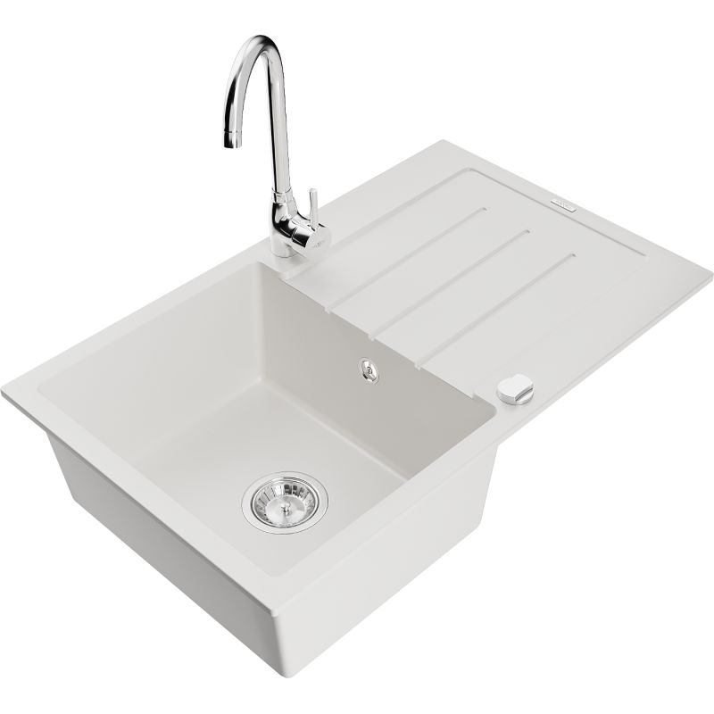 Zlewozmywak granitowy 1-komorowy Mexen Bruno z ociekaczem i baterią kuchenną Telma biały 6513-20-670200-00