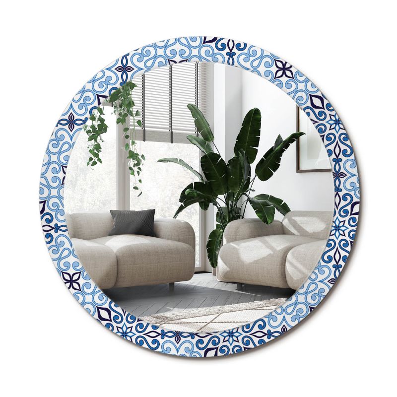Lustro Okrągłe Tulup Niebieski Arabski Wzór 90 cm Artystyczne Na Podkładzie 1 szt.