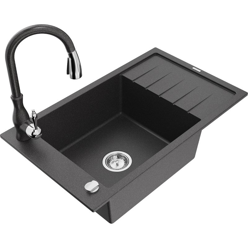 Zlewozmywak granitowy 1-komorowy Mexen Elias z ociekaczem i baterią kuchenną Savita czarny nakrapiany - 6511-76-672601-70 1 szt.