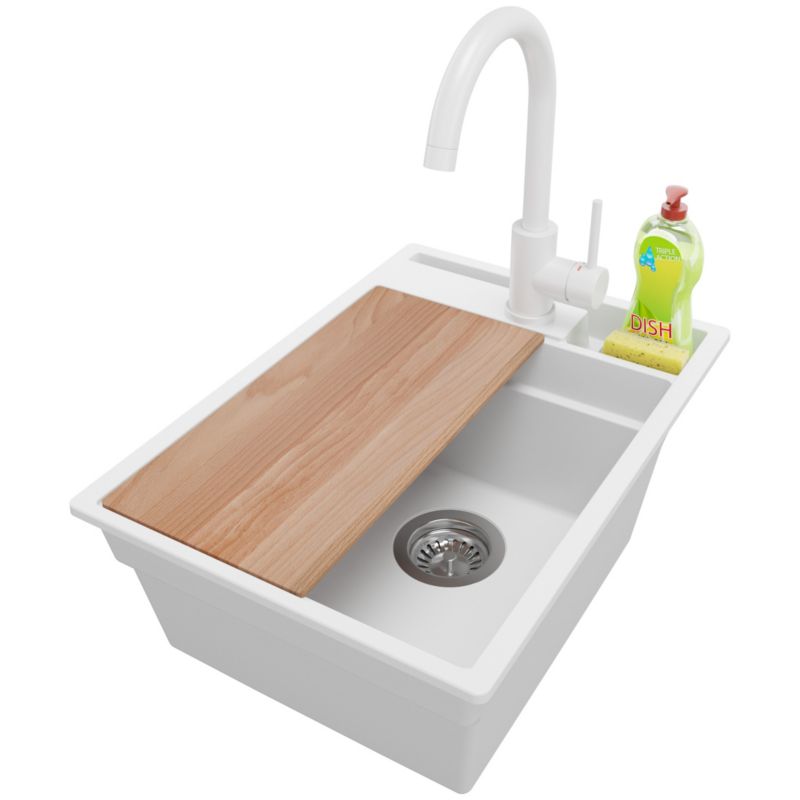 Zlewozmywak Granitowy Oslo Pocket PRIMAGRAN Nablatowy 38x53cm do szafki od 40cm z Syfonem i Baterią i Dodatkiem Biały 1 szt.