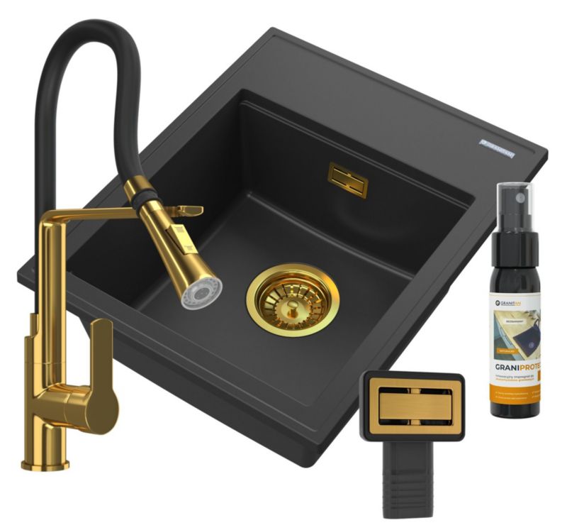 Zlewozmywak Granitowy Jednokomorowy Granitan Alor Czarny Zestaw Zlewozmywak Bateria złota Syfon 1 kpl.