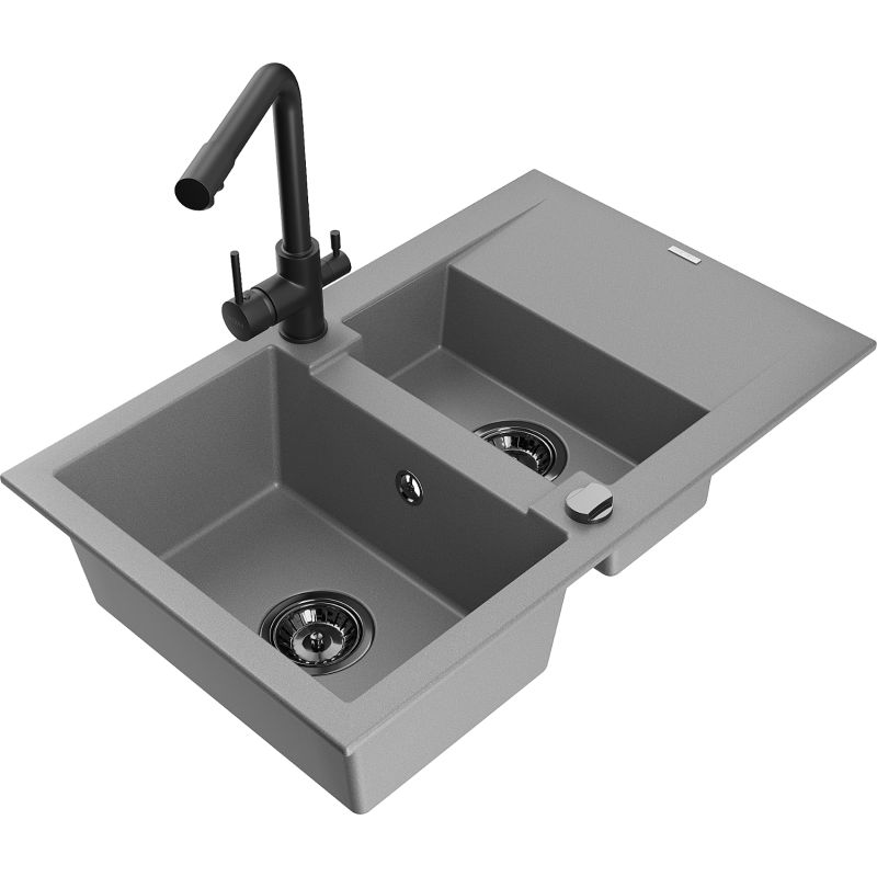Zlewozmywak granitowy 1.5-komorowy Mexen Gaspar z ociekaczem i baterią kuchenną Duero szary 6507-71-671600-70-B