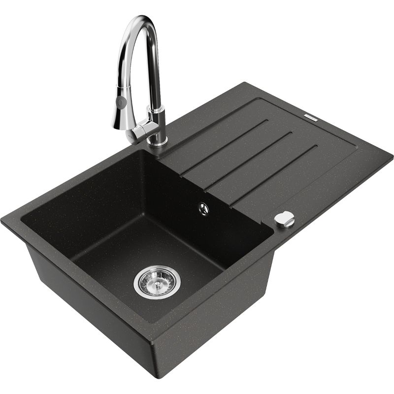 Zlewozmywak granitowy 1-komorowy Mexen Bruno z ociekaczem i baterią kuchenną Elia czarny/złoty metalik 6513-75-670101-00