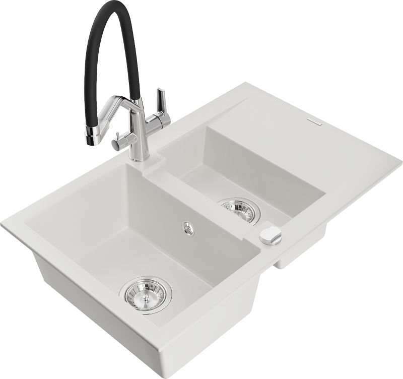 Zlewozmywak granitowy Mexen Gaspar 1,5-komorowy z ociekaczem i baterią kuchenną Duo biały 6507-20-671701-07