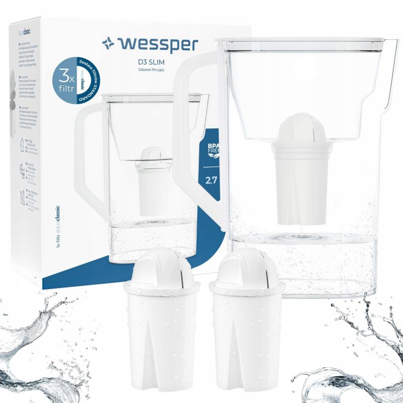 Dzbanek filtrujący wodę, Wessper D3 Slim, 2.7l + 3x filtr wody AquaClassic, biały, 4szt