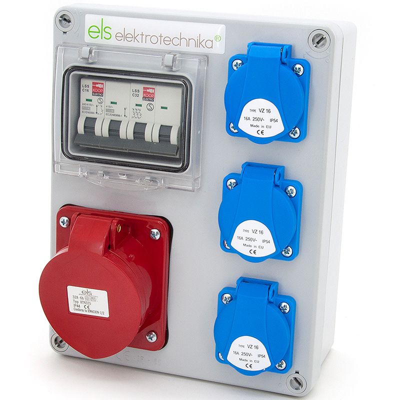 Rozdzielnica elektryczna, skrzynka budowlana ELS Elektrotechnika 4NO31C011C 3x230V 1x32A/5, zabezpieczona, okablowana, 1 szt.