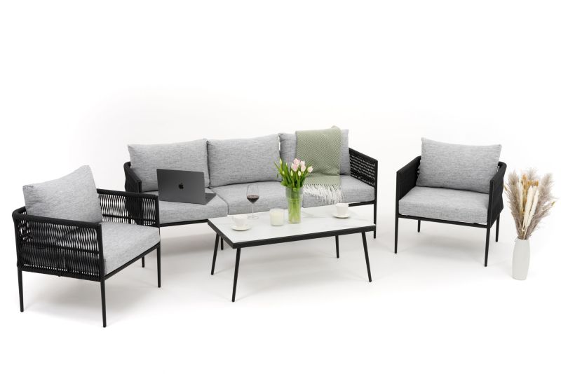 Zestaw mebli ogrodowych sofa fotel New Home BELIZE szaro biały aluminiowy z blatem z płyty HPL 1 kpl