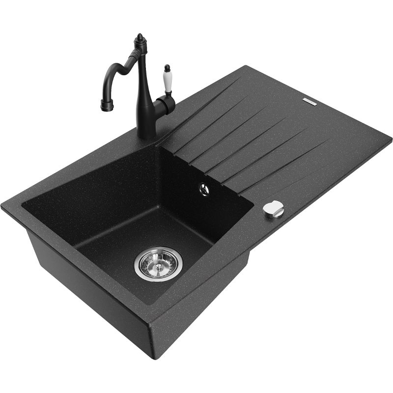 Zlewozmywak granitowy 1-komorowy Mexen Cesar z ociekaczem i baterią Carla czarny/złoty metalik - 6514-75-670700-70 1 szt.