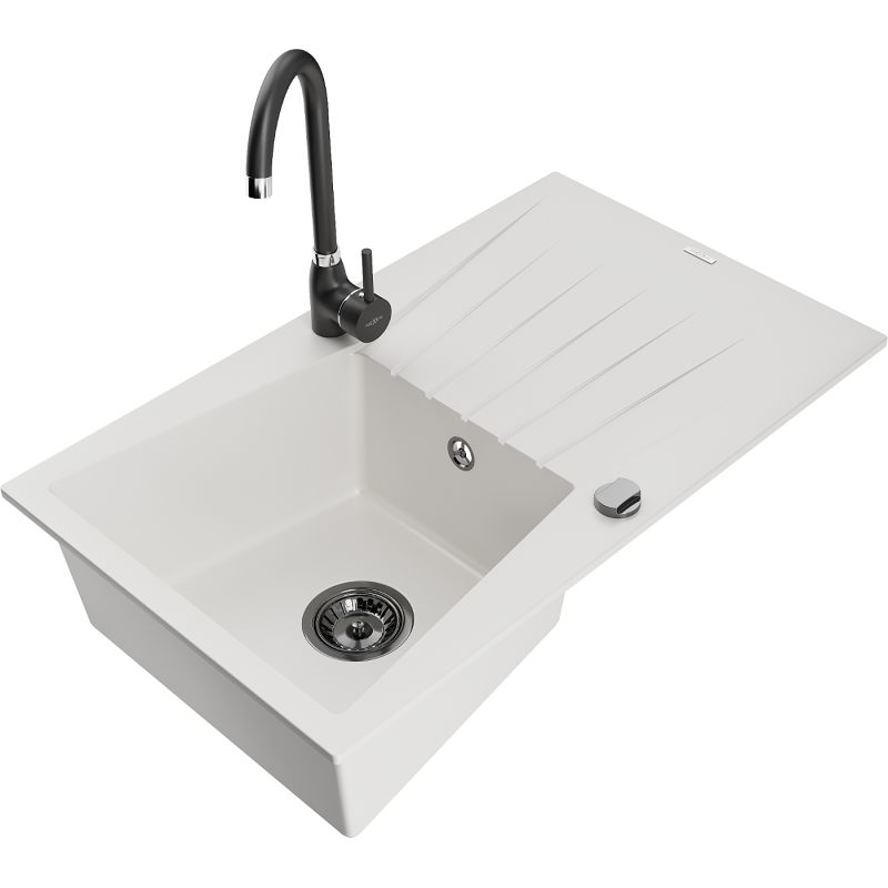 Zlewozmywak granitowy 1-komorowy Mexen Cesar z ociekaczem i baterią kuchenną Telma biały 6514-20-670200-70