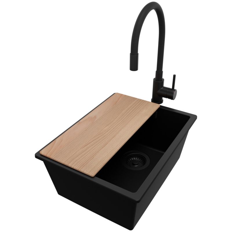 Zlewozmywak Granitowy Londyn Slim PRIMAGRAN Nablatowy 36x47cm do szafki od 40cm z Syfonem i Baterią i Dodatkiem Cały Czarny 1 szt.