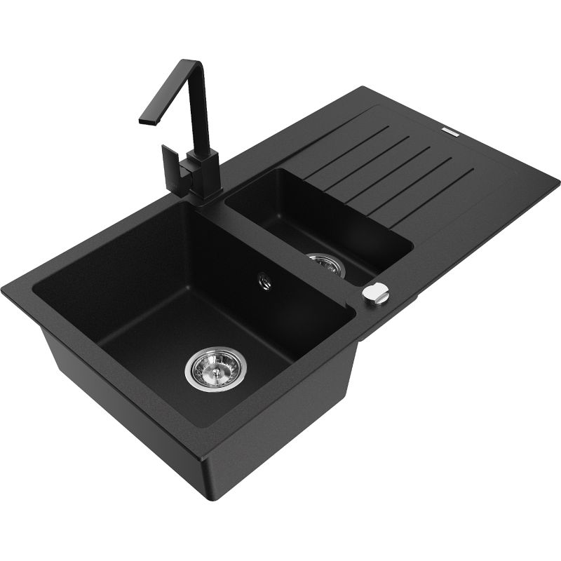 Zlewozmywak granitowy 1.5-komorowy Mexen Matias z ociekaczem i baterią kuchenną Rita czarny - 6502-77-670300-50-B 1 szt.